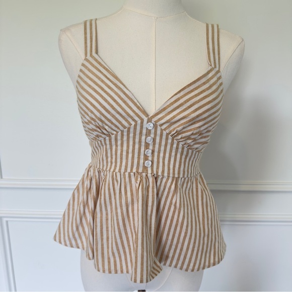 Good Luck Gem Peplum Striped Tan Women's Blouse Small - Picture 1 of 5